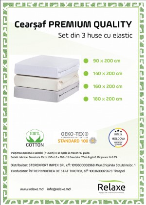 Set 3 huse cu elastic bumbac 100% PREMIUM QUALITY 160 x 200 cm 